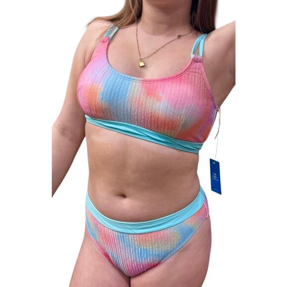 NEW Cupshe SWIMSUIT Womens MED Cotton Candy Tie Dye 2-Piece Bikini Set Mid Rise - Picture 2 of 13